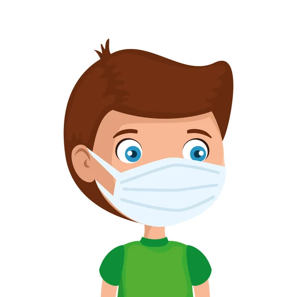 Schattig jongen met gezichtsmasker geïsoleerd pictogram — Stockvector