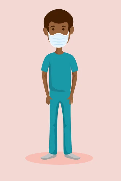 使用面罩隔离图标的男性非洲裔辅助医务人员 — 图库矢量图片