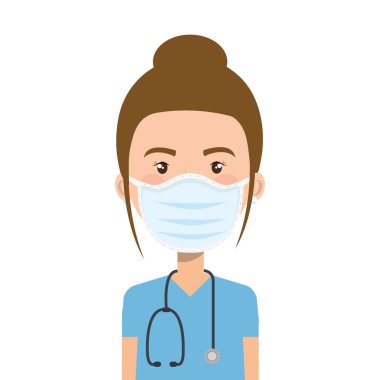 Kadın sağlık görevlisi steteskoplu yüz maskesi kullanıyor.