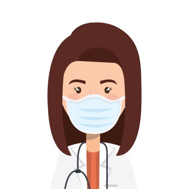 Doktor kadın steteskopla yüz maskesi kullanıyor.