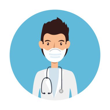 Çerçevesinde steteskop olan yüz maskesi kullanan doktor.