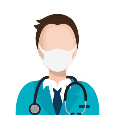 Doktor erkek steteskopla maske kullanıyor.