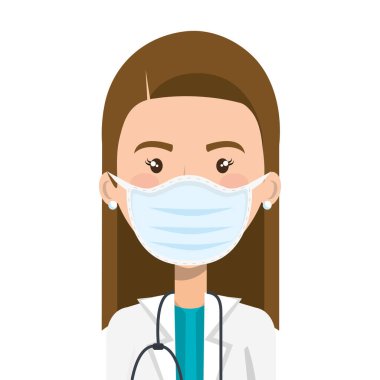 Doktor kadın steteskopla yüz maskesi kullanıyor.