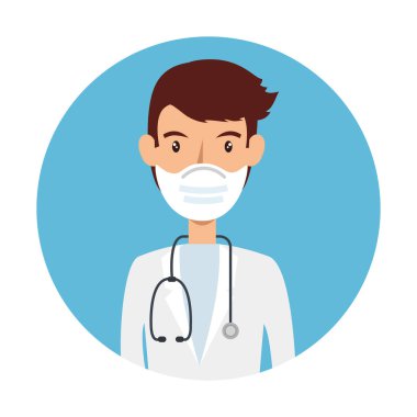 Çerçevesinde steteskop olan yüz maskesi kullanan doktor.