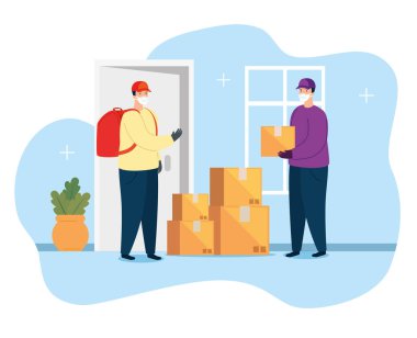 Paketlerle yüz maskesi kullanan teslimatçılar