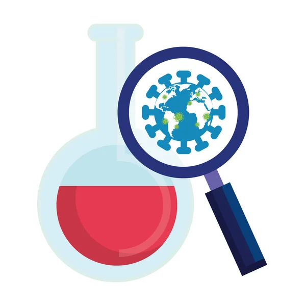 Planeta mundial com partículas covid 19 em lupa e tubo de ensaio — Vetor de Stock