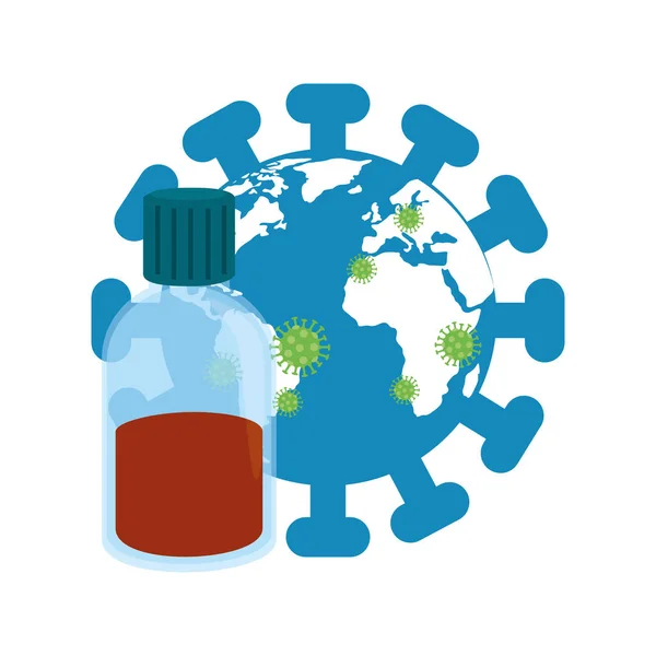 Planeta mundial com partículas covid 19 e garrafa medicina — Vetor de Stock