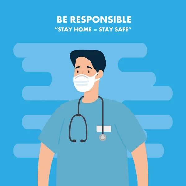 Campanha de ser responsável ficar em casa com paramédico usando máscara facial —  Vetores de Stock