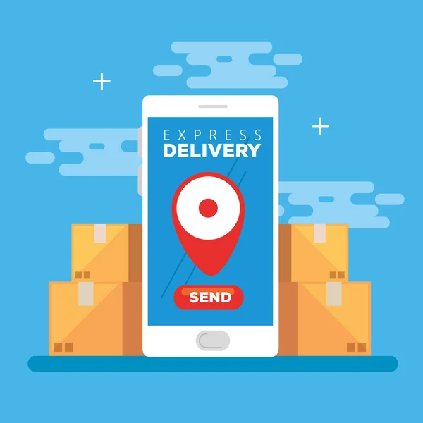 Smartphone con aplicación express delivery y cajas de cartón — Archivo Imágenes Vectoriales