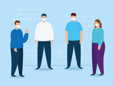 Yüz maskesi takan insanlarla Coperid 19 için sosyal mesafe kampanyası