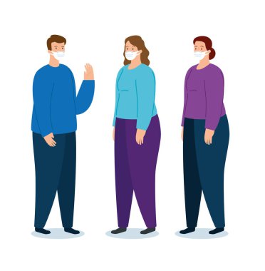 Yüz maskesi takan insanlarla Coperid 19 için sosyal mesafe kampanyası