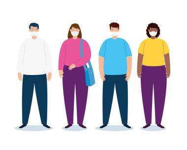 Yüz maskesi kullanan kişilerle yapılan toplantı ile covid 19 için sosyal uzaklık kampanyası