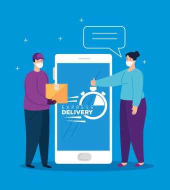 akıllı telefon uygulamalı ekspres dağıtım ve yüz maskesi kullanan insanlar