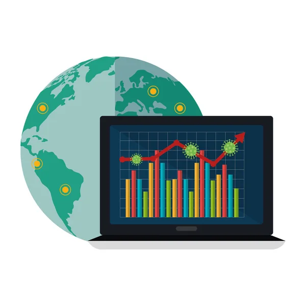 Stock market variation by covid 19 with laptop and icons — Stock Vector