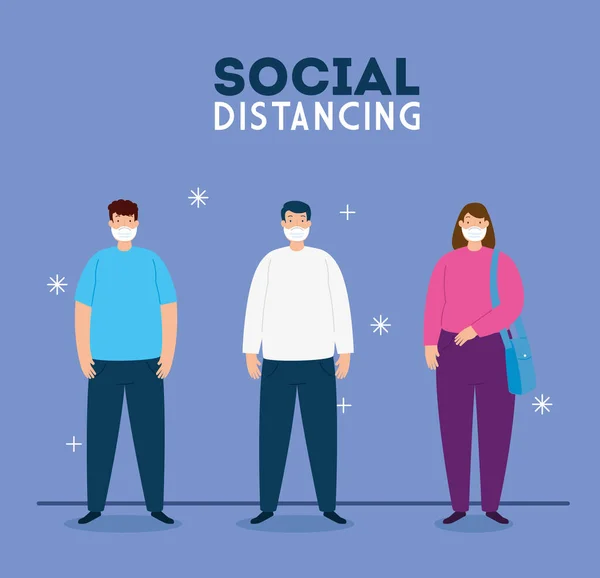 Campagna di distanza sociale per covid 19 con persone che utilizzano maschera facciale — Vettoriale Stock