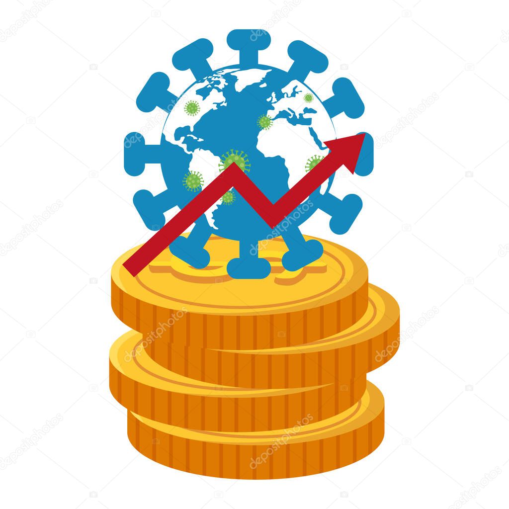 stock market variation by covid 19 with pile coins and icons