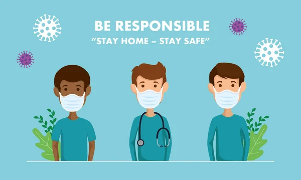 Campanha de ser responsável ficar em casa com os paramédicos usando máscara facial —  Vetores de Stock
