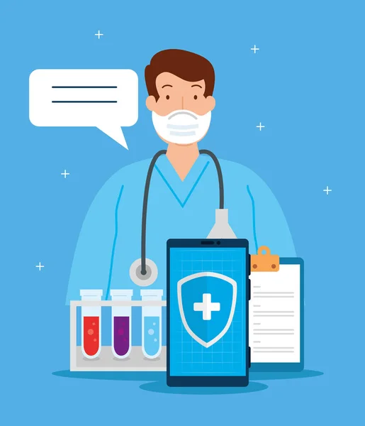 Telemedicína technologie s lékařem v smartphonu a lékařské ikony — Stockový vektor