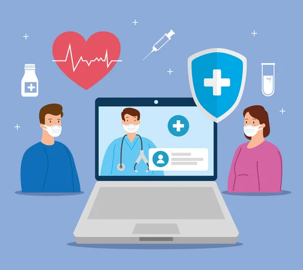 Tecnologia de telemedicina com médico em laptop e pessoas — Vetor de Stock