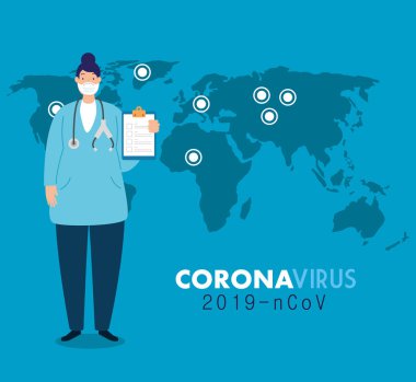 2019 ncov ve dünya haritası kullanılarak kadın sağlık görevlisi