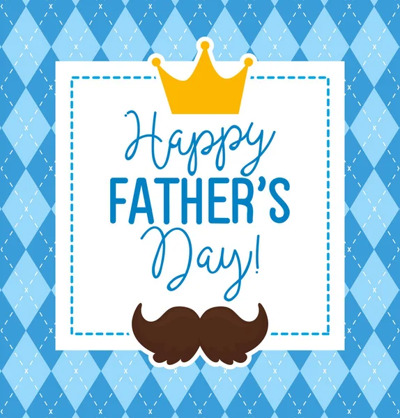 Feliz tarjeta de día de los padres con corona de rey y decoración de bigote — Vector de stock