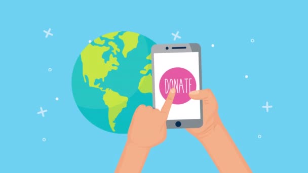 Donatiecampagne voor covid19 met aardeplaneet en smartphone — Stockvideo