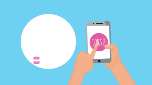 Campagna di donazione per merluzzo bianco19 in smartphone con generi alimentari — Video Stock