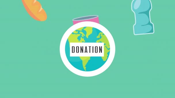 Кампания пожертвований для covid19 с планетой Земля и продуктовых магазинов — стоковое видео
