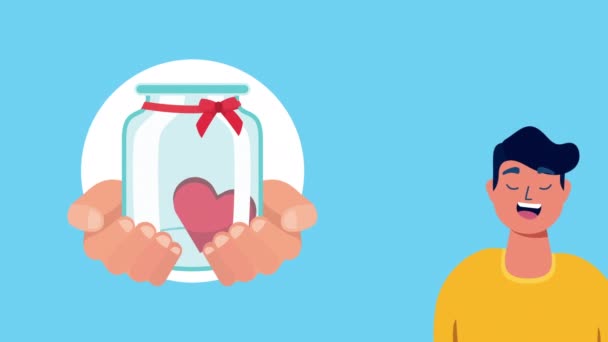 Campanha de doação para covid19 com homem e coração jar — Vídeo de Stock
