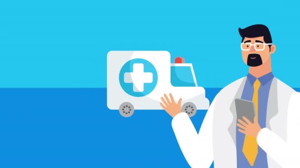 Γιατρός που χρησιμοποιεί το smartphone υγειονομική περίθαλψη σε απευθείας σύνδεση και ασθενοφόρο — Αρχείο Βίντεο
