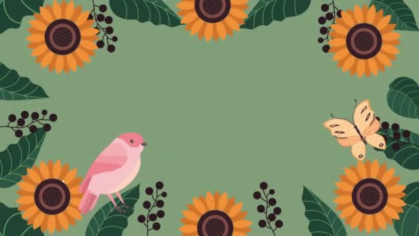 Vackra blommor trädgård och fågel med fjäril animation — Stockvideo