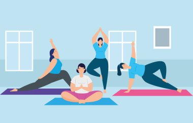 Genç kadınlar ev sahnesinde pratik yapıyor.