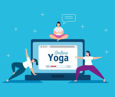 Kadınlar internetten yoga yapıyor.