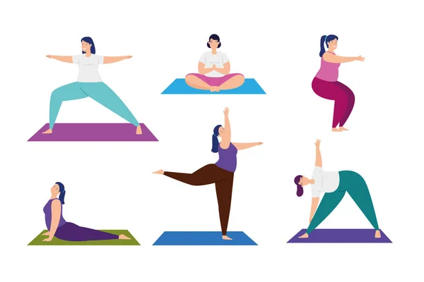 Szenen von Frauen, die Yoga praktizieren — Stockvektor