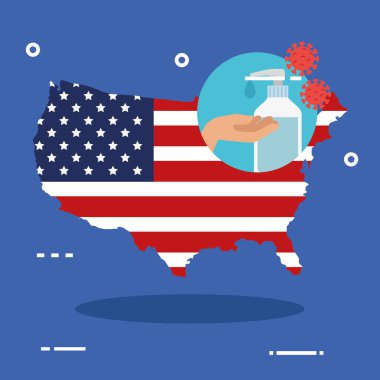 ABD haritası ve bayrağı covid19 parçacık ve antibakteriyel şişe