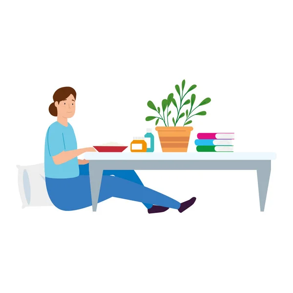 Young woman stay at home eating in table — Stock Vector