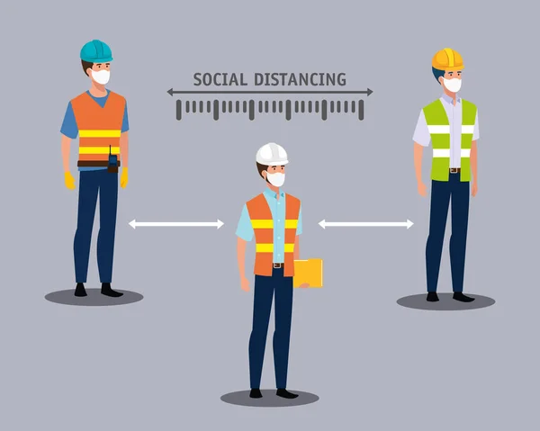 Builders using face masks and social distancing for covid19 — Stock Vector