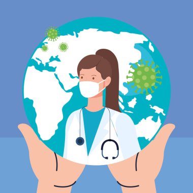 Dünya gezegeni, kovid19 parçacık ve kadın doktor.