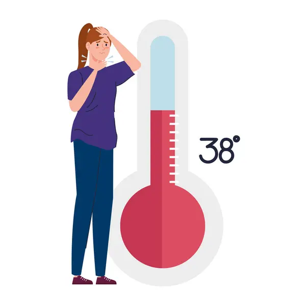 Femme malade avec caractère thermomètre — Image vectorielle
