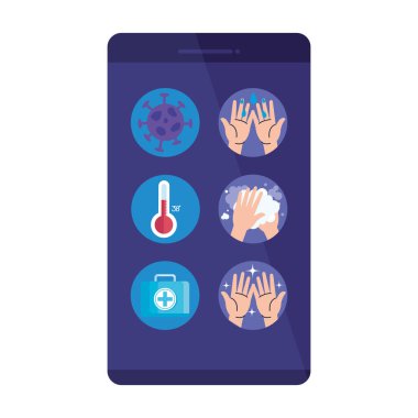 covid19 parçacıkları ve simgeleri olan akıllı telefon