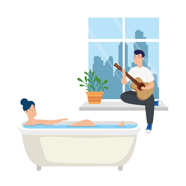 Junges Paar bleibt zu Hause in Badewanne — Stockvektor