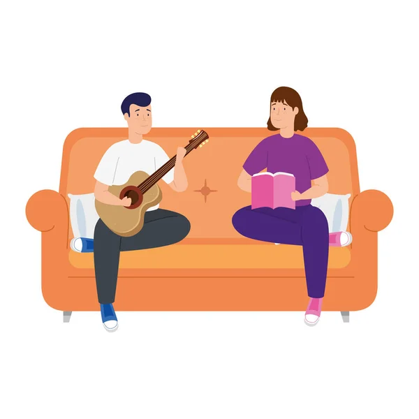 Jeune couple lisant et jouant de la guitare — Image vectorielle