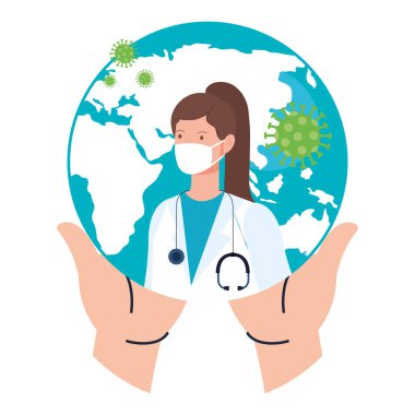 Dünya gezegeni, kovid19 parçacık ve kadın doktor.