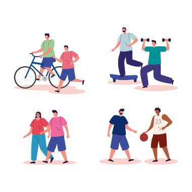 group people practicing exercise avatar characters