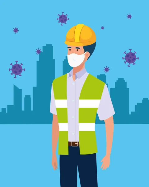 Builder worker using face mask for covid19 — Stock Vector