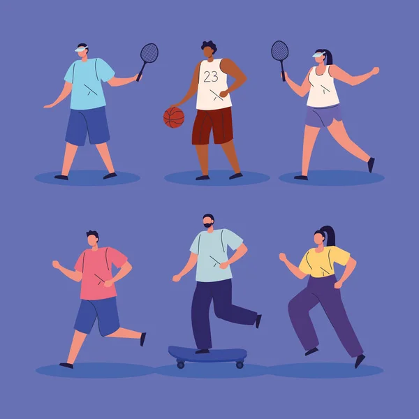 Group people practicing exercise avatar characters — 图库矢量图片