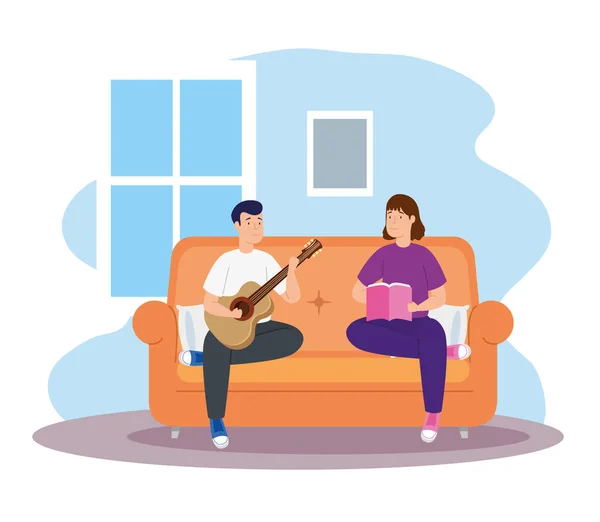 Young couple reading and playing guitar — Stock Vector