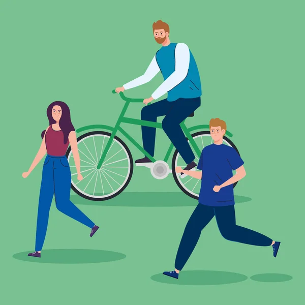 骑自行车的男人和跑步的夫妇 — 图库矢量图片
