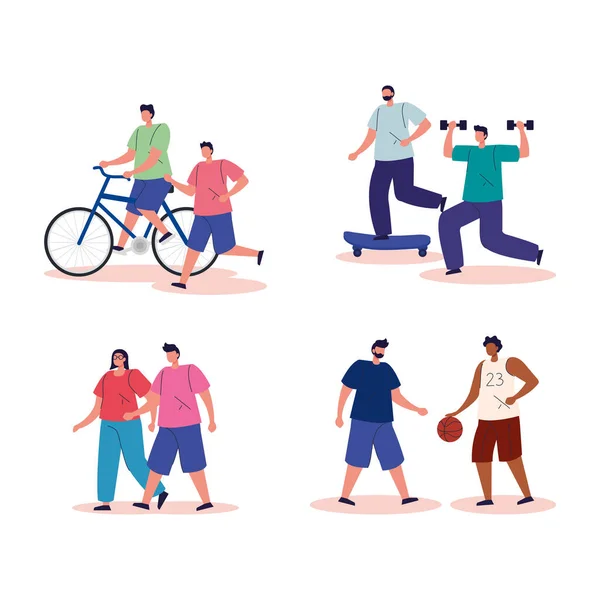 Group people practicing exercise avatar characters — Διανυσματικό Αρχείο