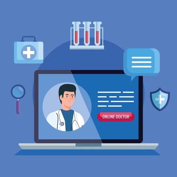 Orvos és laptop app gyógyszert online — Stock Vector